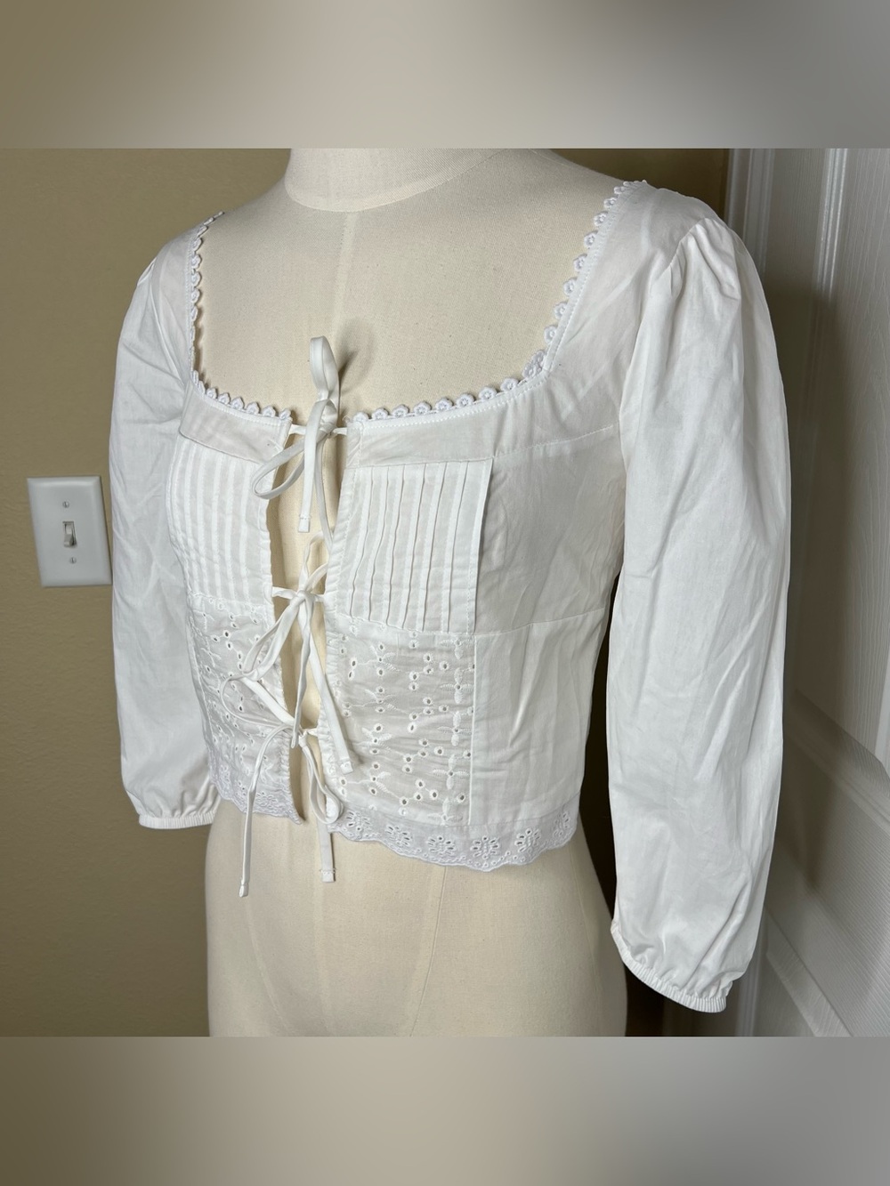 White Eyelet Lace-Up Peasant Top
